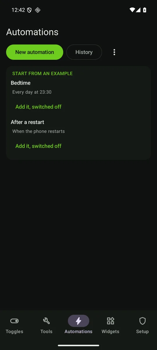 The Automations tab with two examples to start from: Bedtime and After a restart