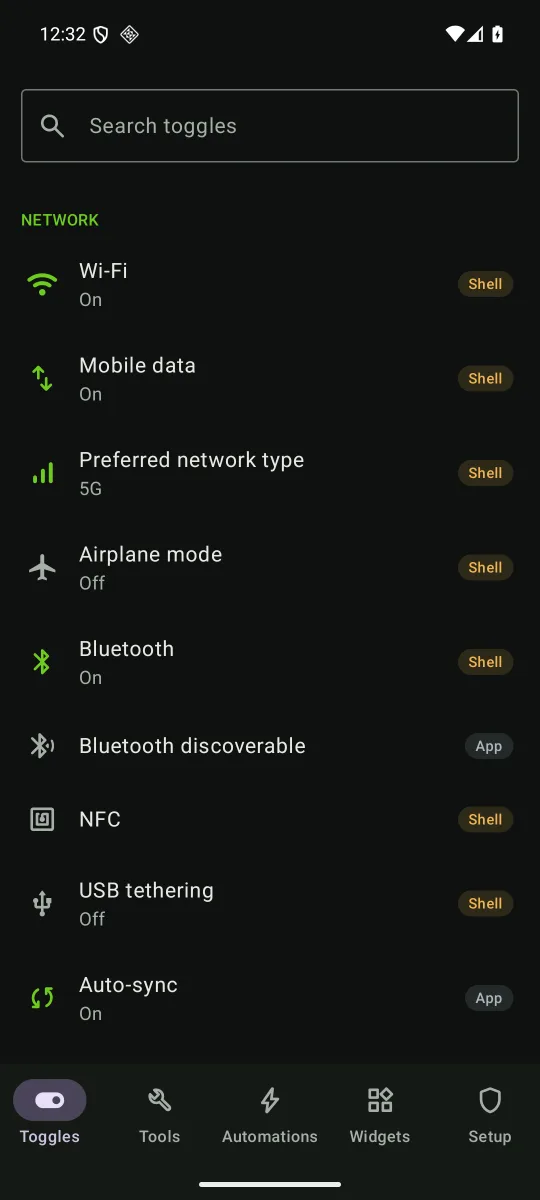 The Toggles tab: network toggles with their current state and the access level each needs