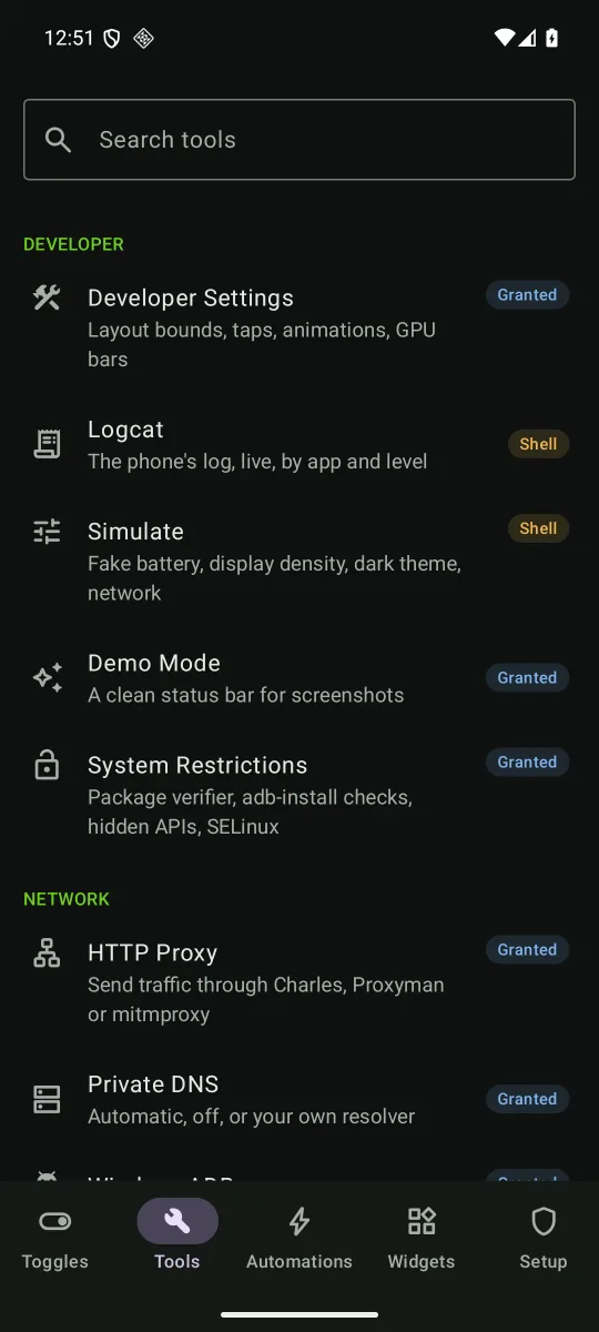 The Tools tab: Developer Settings, Logcat, Simulate, Demo Mode, System Restrictions, HTTP Proxy and Private DNS