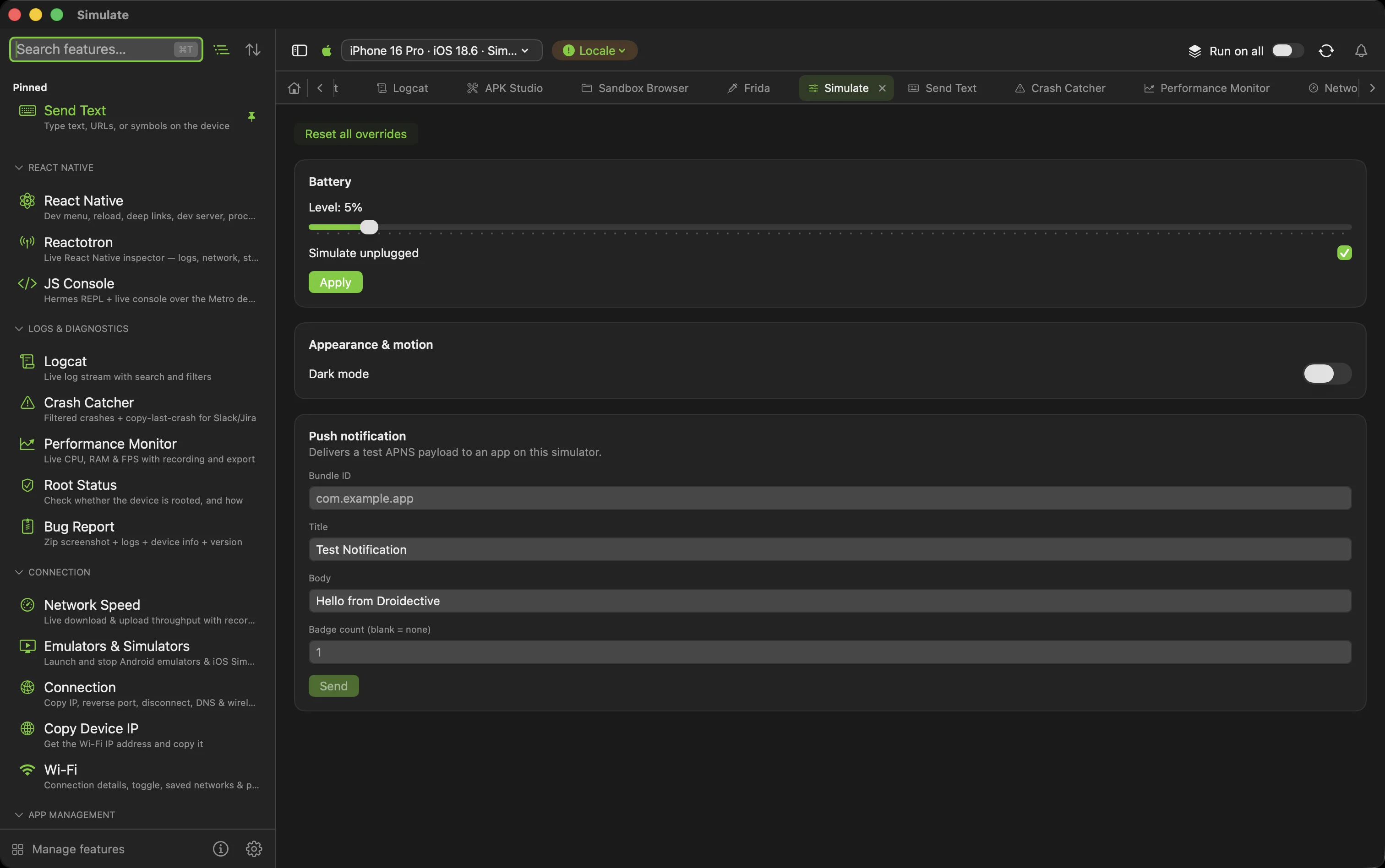 Droidective with a booted iPhone Simulator selected in the device bar and the Simulate hub open — battery, dark mode, and an APNS push notification form