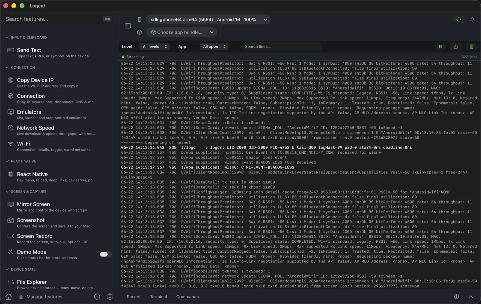 Droidective live logcat streaming color-coded log lines with level, app, tag and text filters