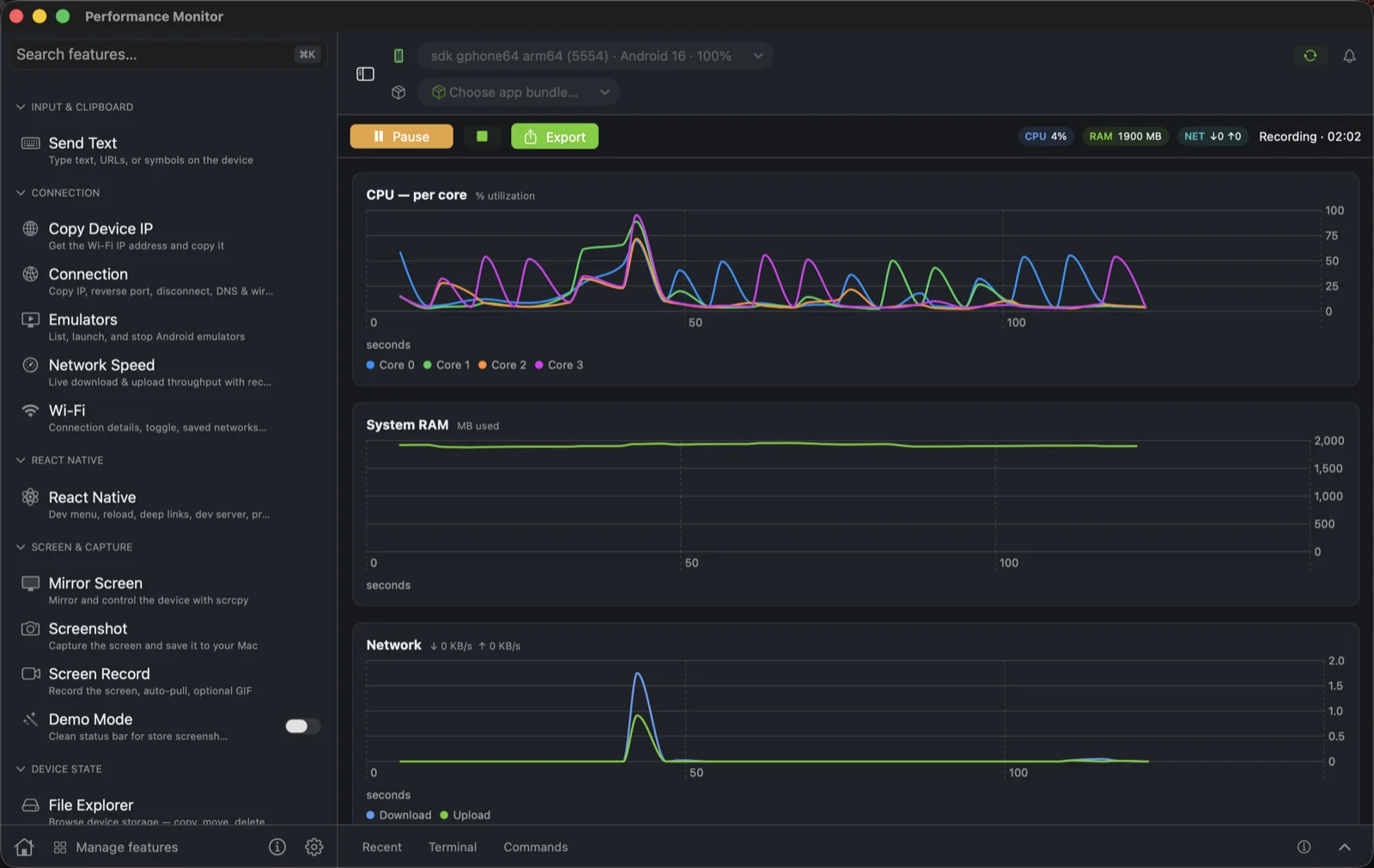 Droidective performance monitor charting per-core CPU, system RAM and network throughput live